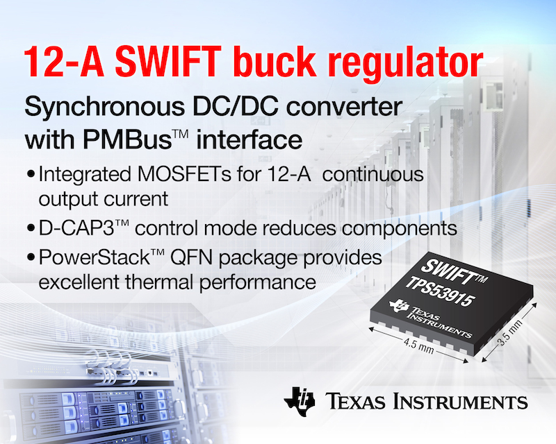 TI claims smallest 12-A synchronous buck regulator with PMBus interface
